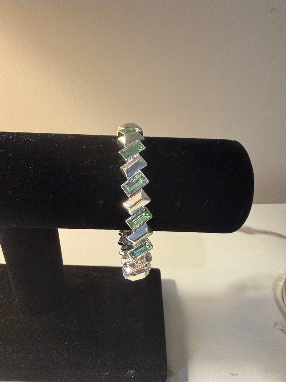 Silver Stretch Bracelet with Green Baguette Stones - Women Jewelry